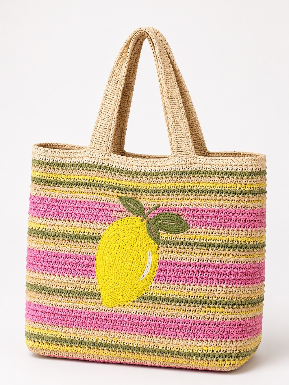 Straw Lemon Stripe Tote Bag - Pink & Yellow